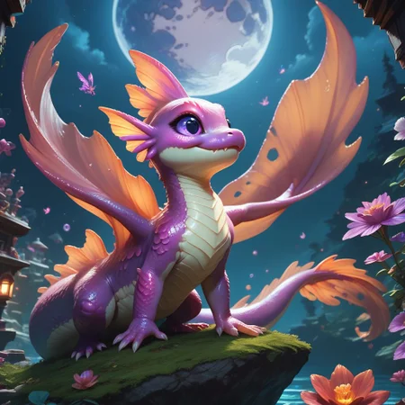 score_9, score_8_up, score_7_up, realism, salamander, cute, epic world, vivid colors, detailed, moonlight, full moon, purple eyes,
