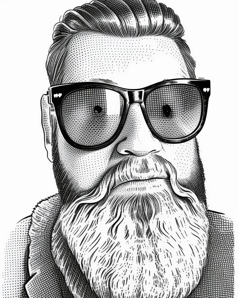 portrait of a bearded man wearing sunglasses in hedcut style <lora:GazHedcut:1>