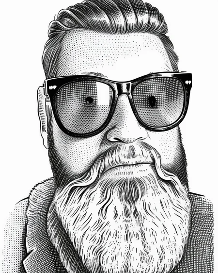 portrait of a bearded man wearing sunglasses in hedcut style <lora:GazHedcut:1>