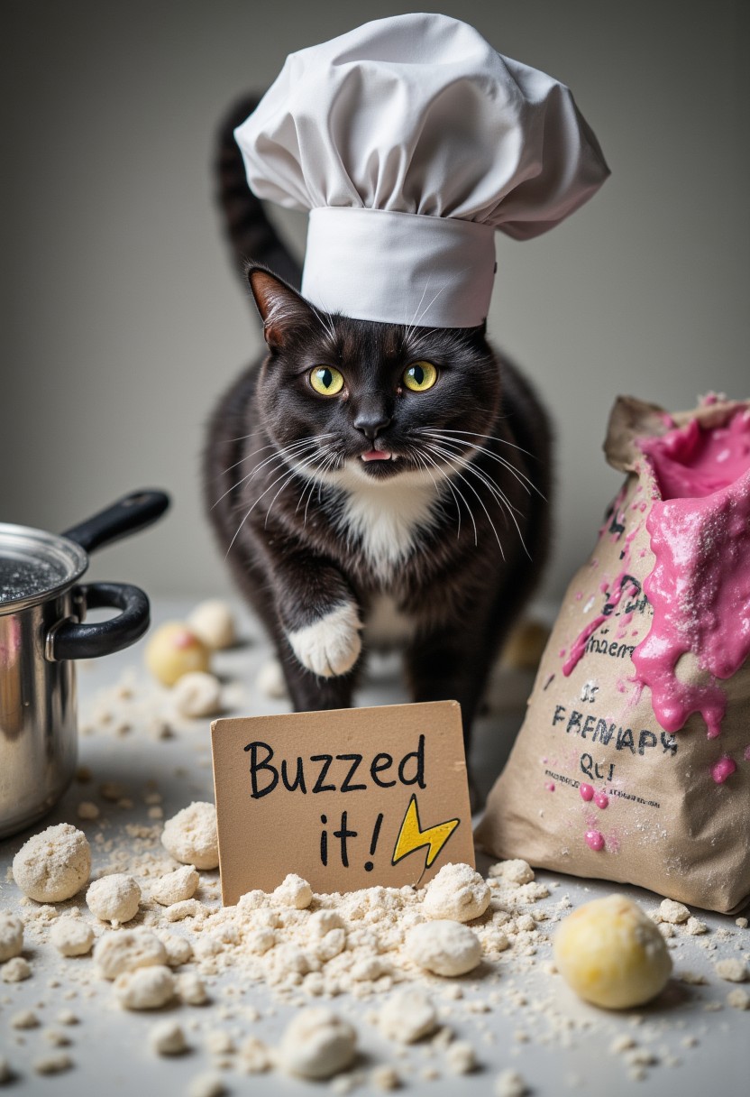 A high-resolution photograph of a tuxedo cat in a miniature chef's hat, standing amidst a chaotic kitchen scene. Flour is everywhere, a saucepan is overflowing with bright pink sauce, and the cat looks utterly bewildered, covered in food splatters. A small, handwritten sign propped up against a bag of flour reads "Buzzed It!" with the yellow and blue thunderbolt buzz symbol drawn clumsily beneath. Focus on the humorous mess and the cat's exasperated expression.