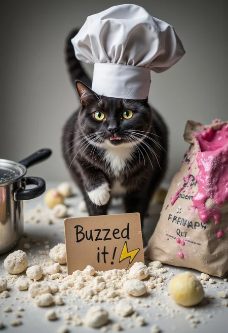 A high-resolution photograph of a tuxedo cat in a miniature chef's hat, standing amidst a chaotic kitchen scene. Flour is everywhere, a saucepan is overflowing with bright pink sauce, and the cat looks utterly bewildered, covered in food splatters. A small, handwritten sign propped up against a bag of flour reads "Buzzed It!" with the yellow and blue thunderbolt buzz symbol drawn clumsily beneath. Focus on the humorous mess and the cat's exasperated expression.