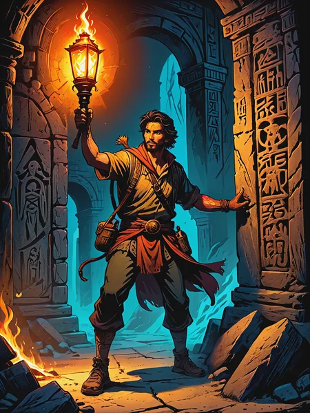 impactful color paint of treasure hunter holding a torch, stepping cautiously into the shadows of the ancient ruin, their lantern casting eerie glows upon the crumbling walls adorned with hieroglyphs and forgotten symbols, <lora:Bold_Pop:0.6> highly detailed, vibrant colors , 8k, sharp, professional, clear, high contrast, high saturated, , vivid deep blacks, crystal clear