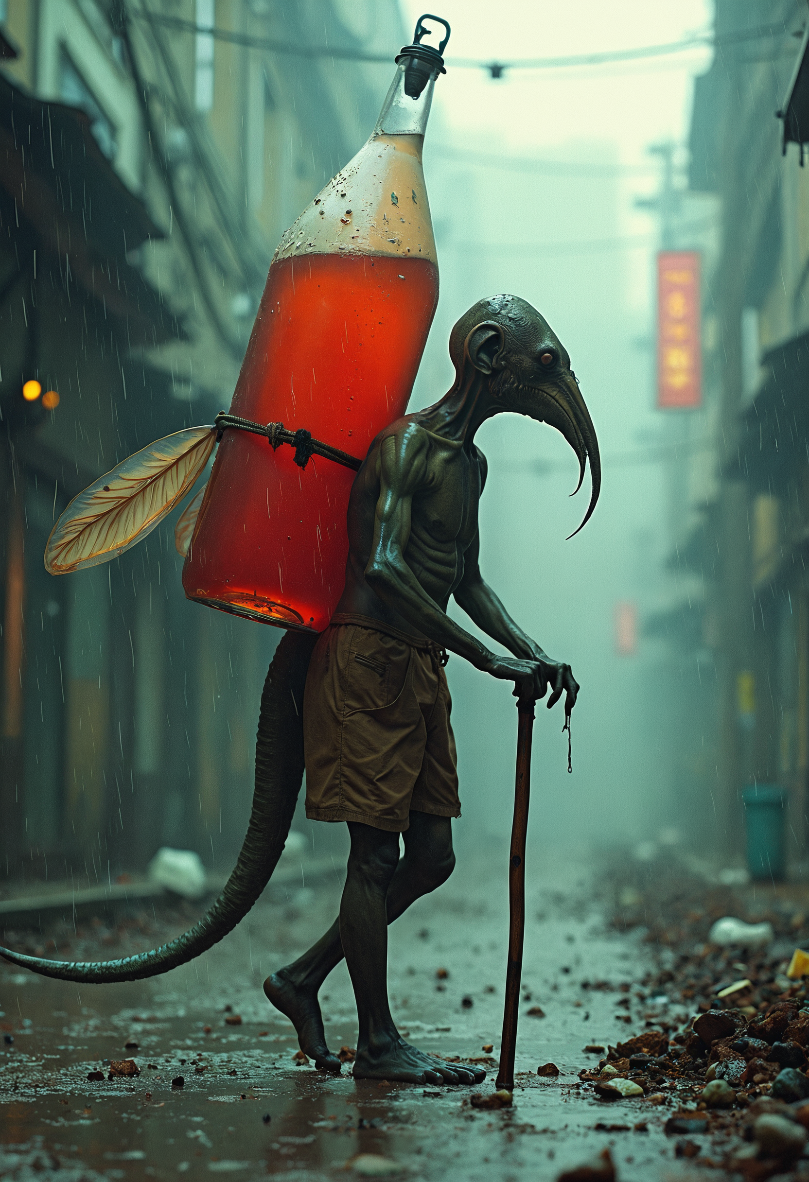A very old, skinny, slender, bent insect man, full-length, in shorts, bent back, very long, sharp nose, has hoisted a giant, transparent, very thick bottle of transparent red juice onto his back, the bottle is tied to his back with a rope, walks, leans on a wooden cane, giant, very long, transparent mosquito wings, grotesque, double multi-plane exposure, on a dark, foggy, blurry background, dirt, dust, scratches, garbage, rain, horror, caricature, photorealism.