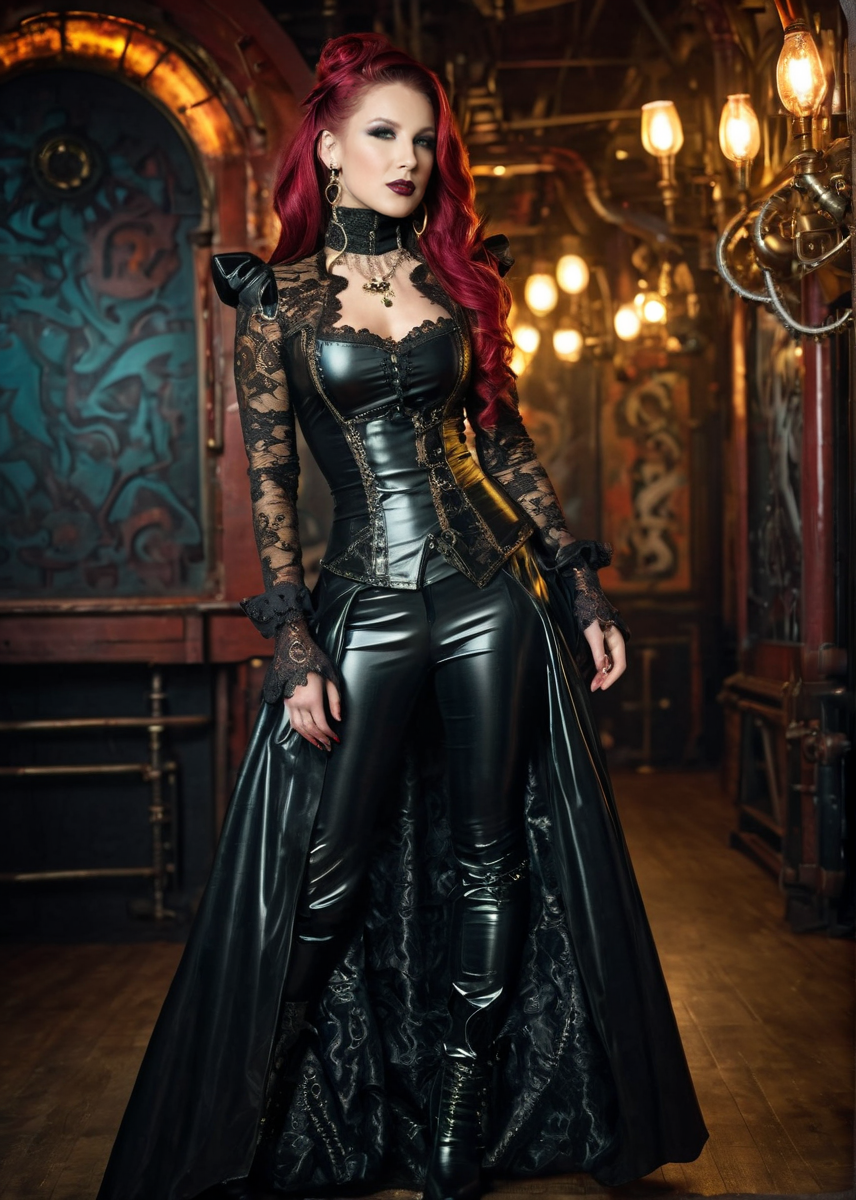 masterpiece, best quality, dark environment, (steampunk:1.5), a woman, long hair, (colored latex with lace), turtleneck, skirt, long pants, earrings, necklace, burlesque, sexy, (((full body))), 8K, extremely detailed, decorated clothing, dragon, bloodwave, dynamic, great lighting, perfect shading, depth of field, soft side light, very detailed glowing background, <lora:MS_DaniWoodward_V1_SDXL:0.8>, <lora:add-detail-xl:0.8>