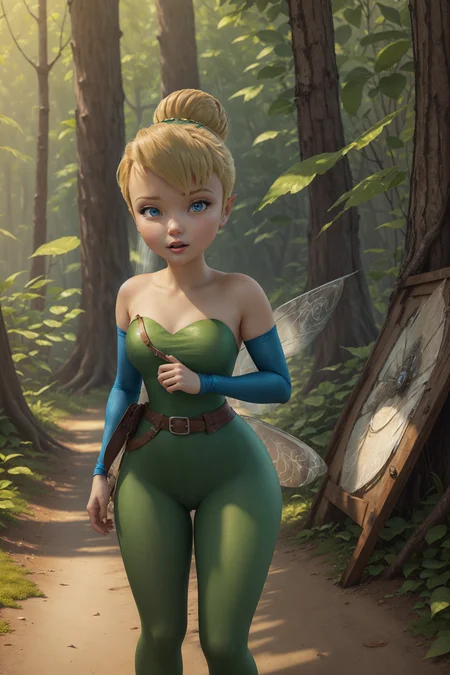 masterpiece, 8k, perfect ligthing, , adult, female, looking at viewer, cinematic lighting, full body shot, (TinkerBell:1.5), (TinkerBellWaifu:1.1), single hair bun, (green clothes), green leggings, ((clothes made from leaves)), (fairy wings:1.2), pointy ears, blue eyes, (detailled eyes:1.2), tinkering in the forest, tinkering with Gigantic Clock, blush, (shrunken), clouds, pixiedust, Forest, Island, <lora:TinkerBellDisney-06:0.6> <lora:realisticGlossyFaceSkin_rseromanticRsesofiko:0.3><hypernet:empty:0.5>