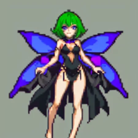 gothic, anime, evil fairy,a short ripped dress, red nails, long light green hair, evil face, fairy, dark fantasy, fairy wings with a poisonous pattern, small boobs, simples background, purple eyes, barefoots, gbaportrait, model sheet, chara-sheet