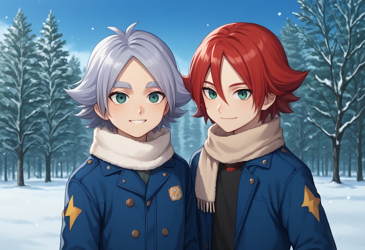 score_9, score_8_up, score_7_up, source_anime, highly detailed, 2boys,
fubuki, 1boy, male focus, grey hair, parted bangs, grey eyes, BREAK
hiroto, 1boy, male focus, red hair, hair between eyes, green eyes, BREAK
smile, slender, skinny, 
outdoor, snow, coat, scarf, shared scar,
