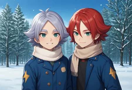 score_9, score_8_up, score_7_up, source_anime, highly detailed, 2boys,
fubuki, 1boy, male focus, grey hair, parted bangs, grey eyes, BREAK
hiroto, 1boy, male focus, red hair, hair between eyes, green eyes, BREAK
smile, slender, skinny,
outdoor, snow, coat, scarf, shared scar,