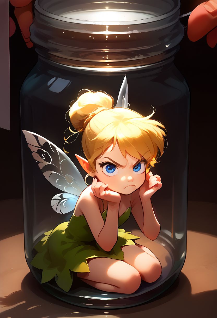 score_9, score_8_up, score_7_up, source_anime, (1girl, solo), looking at viewer, 
(kneeling, in a jar, table, angry, close up,) (mini person), 
TinkerWaifu, fairy wings, blue eyes, green dress, sexy, hair bun, trying to escape,