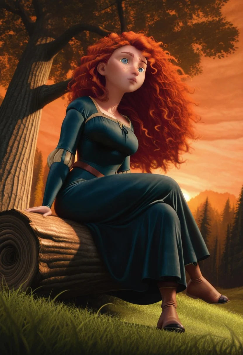 illustriouslogan, official style, screencap, solo, MeridaXL, red hair, blue eyes, curly hair, big hair, freckles, MainDress, green dress, long sleeves, belt, brown boots with black soles, large breasts, sitting tree trunk, crossed legs, from below, full body, outdoors, sunlight, shadows, evening lighting, natural lighting, forest, trees, grass, orange sky, sunset