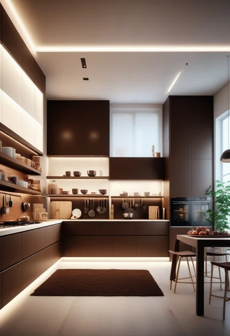 a Jed-Modern kitchen made out of Jed-ChocoC, chocolate ,cereals,,masterpiece, full of details,ambient light, photorealistic, sharp and in focus