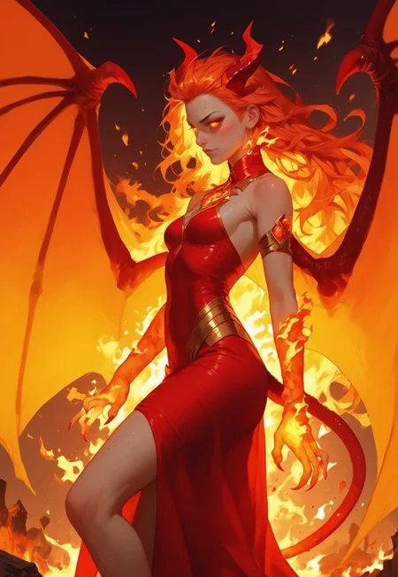 score_9, score_8_up, score_7_up, score_6_up, score_5_up, score_4_up, Expressiveh, g0th1c, zPDXL3, succubus, short, small, petite body, slender, slender legs, small perky breasts, aesthetic face, glowing eyes, amber eyes, round eyes, very small nose, big ears, small lips, small mouth, small head, freckles, human ears, round ears, short red horns, crystal horns, long red tail, thin tail, ashen skin, dedicated face, enthusiastic face, evil smile, beautiful, artistic brackground, background dominant colour is red, white and gold, fire, hot, inside fire, revealing red dress, gold silk dress, dress, burning, surrounded by flames, surrounded by fire, fire hair, burning hair and horns, burning tail, radiating heat, burning eyes, sweat, dangerous, fatal, standing, above knee, long hair, small butts, long red claws, sharp claws, bat wings, large wings, huge wings burning wings, wings on fire, wings of fire, molten hands, lava hands, burning legs, molten legs, lava legs, burning hands, majestic, epic, masterpiece, from side