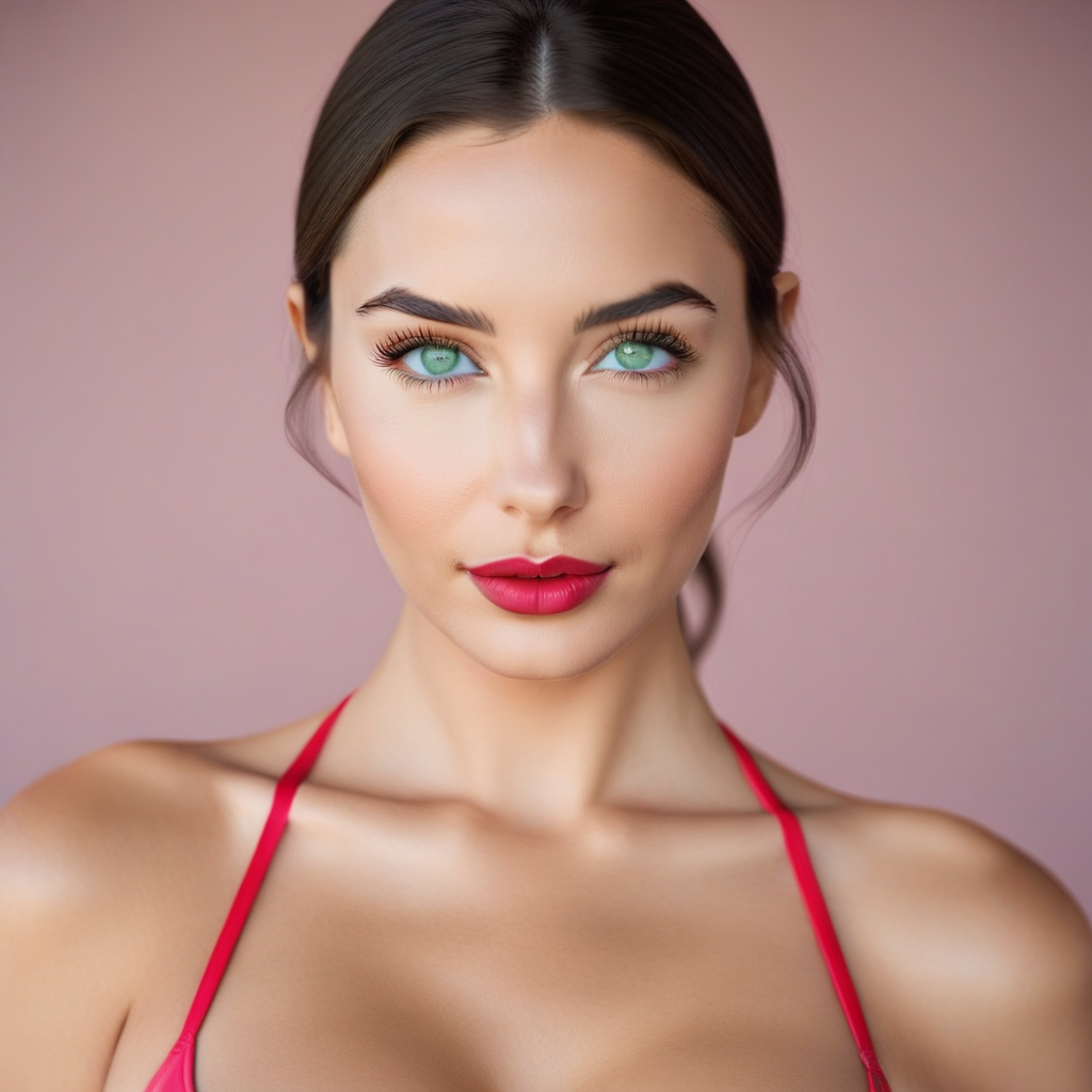 brown hair, green eyes, portrait, solo, bikini, ponytail, eyelashes, pink bra, black hair, upper body, blue background, lipstick, close-up, red lips, grey background, swimsuit, lips, zara