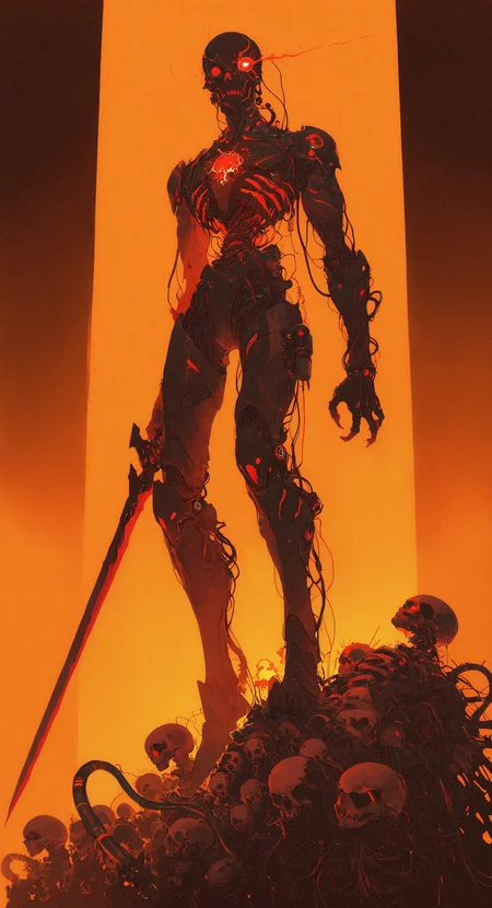 masterpiece, best quality, amazing quality, highres, solo, 1boy, red eyes, holding, male focus, weapon, sword, no humans, glowing, science fiction, monster, skull, orange background, cable, glowing eye, wire, low view, 0__11Xx_illu,
15546+456868, <lora:noobai_ep11_stabilizer_v0.138_fp16:0.3> <lora:NOOB_vp1_detailer_by_volnovik_v1:0.3> <lora:lpc_v10:0.5> <lora:114558v4df2fsdf5:0.6> <lora:mon_monmon2133:0.5> <lora:0__11Xx:0.5>