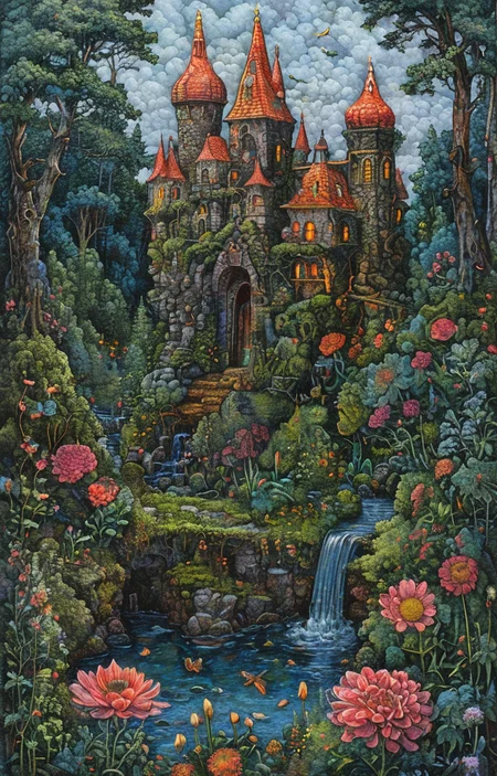 masterpiece,best quality,<lora:tbh179-sdxl:0.9>,illustration,style of David Welker,A strange castle in the forest,