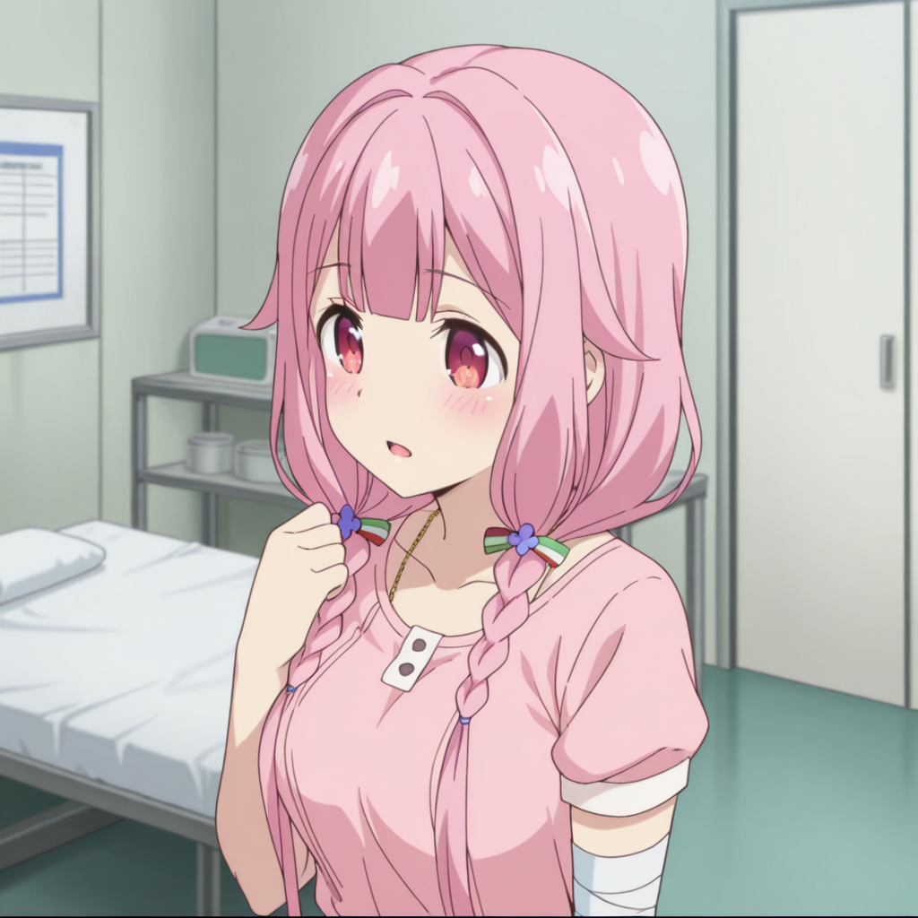 nsfw, masterpiece, best quality, 1girl, solo, warlords_of_sigrdrifa_watarai_sonoka, standing, pink hair, braid, twin braids, hair ornament, blush, long hair, shirt, short sleeves, bangs, open mouth, red eyes, pink eyes, pink shirt, breasts,collarbone, low twin braids, hair over shoulder, bandages, hand up, indoor, health room, bed, <lora:Watarai_Sonoka_-_Warlords_of_Sigrdrifa:0.7>