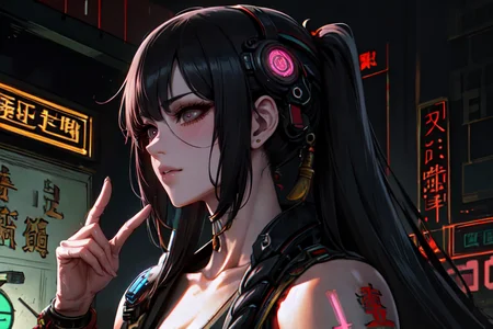highly insanely detailed, masterpiece, top quality, best quality, highres, 4k, 8k, RAW photo, (very aesthetic, beautiful and aesthetic), ancient japanese cyberpunk, ancient chinese cyberpunk, ancient egyptian cyberpunk
1girl, solo,
dark background,
<lora:two_side_up-1.0:0>âââ