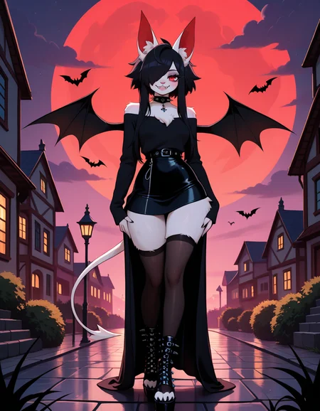 masterpiece, best quality, very aesthetic, absurdres,
outdoors, goth fashion,
full body, posing,
seductive smile, parted lips, long eyelashes,
<lora:Asphodel_v01_NAIXL:1>
A5ph0d3l,1girl,solo,furry,furry female,bat girl,black hair,bat ears,animal ear fluff,long hair,hair over one eye,red eyes,fangs,spiked collar,body fur,white fur,bat wings,tail,