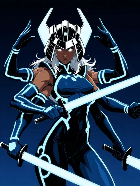 (masterpiece,best quality,newest,absurdres,highres), Sp1r4l, 1girl, solo, white eyes, white hair, extra arms, six arms, holding weapon, dark-skinned female, bodysuit, glowing, holding sword, helmet, glowing eyes, dual wielding, white eyes, neon trim,  <lora:Spiral_IllustriousXL:0.8>
