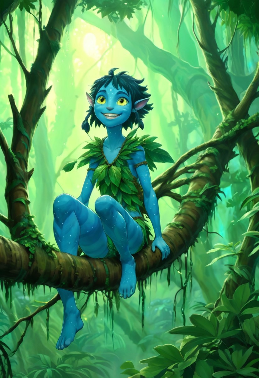 Studio Ghibli Style anime painting of a young female Avatar navi alien with blue skin, wearing leaf and bark armor, smiling and grinning while sitting on a tree branch in a bioluminescent jungle
