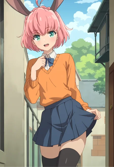score_9, score_8_up, score_7_up, source_anime, 2d, Sylvie, 1girl, pink hair, short hair, green eyes, rabbit ears, anime coloring, anime screencap, detailed eyes, zPDXL, perfect faces, uncensored, rating_explicit <lora:sylvie_0-000004:1>, orange sweater, blue skirt, white-black legwear, school