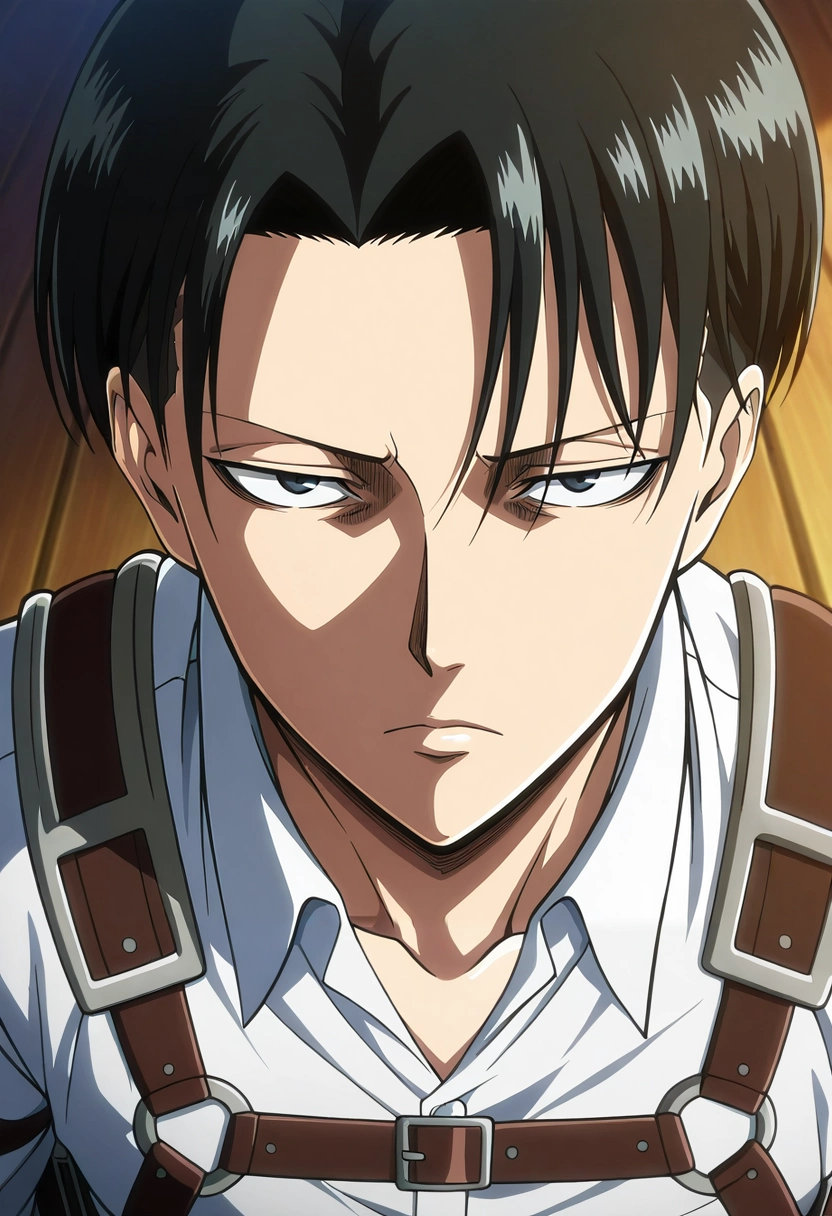 masterpiece, best quality, , anime screencap, anime coloring, official style, looking at viewer, , 1boy, solo, male focus, <lora:levi_ackerman_ilxl:0.96>, levi_ackerman, black hair, black eyes, short hair, curtained hair, , three-dimensional maneuver gear, ,