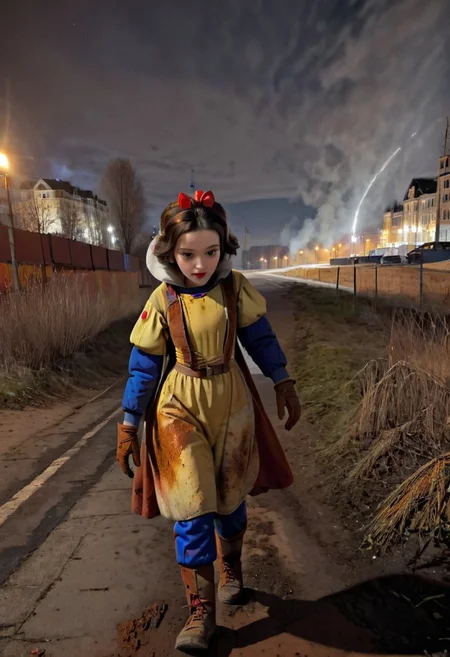 Rusted, rusted landscape, an Disney princess Snow White, wearing a Hazmat suit, walking on a side walk in a run down russian city, smoke, chem trails, extreme close-up, portrait, raw, masterpiece, extreme insanely realistic detailed and intricate, extreme realistic detail, doomer aesthetics, depressing feelings, night, panelka,vintage painting,painting,realism,