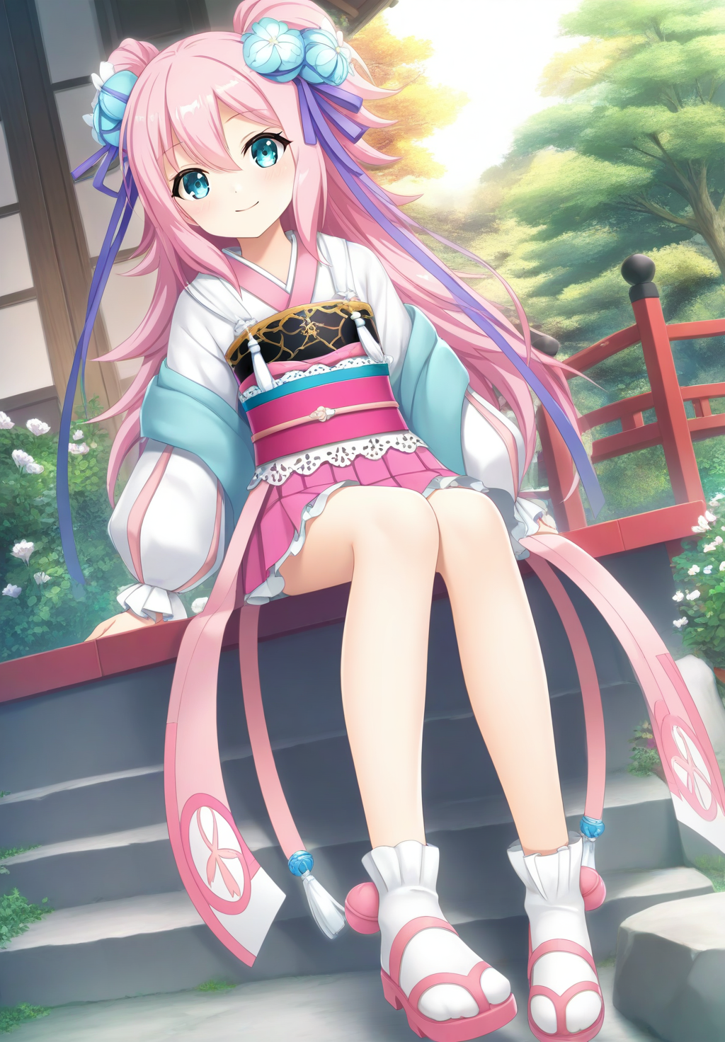 masterpiece,best quality,amazing quality,very aesthetic,absurdres,newest,scenery,<lora:mari_sengoku koihime_ilxl_v1-000010:0.8>,1girl,pink hair,solo,pink skirt,hair ornament,blue eyes,long hair,two side up,socks,smile,sash,flower,looking at viewer,long sleeves,hair flower,pleated skirt,frills,ribbon,white socks,obi,pink footwear,puffy sleeves,hair ribbon,japanese clothes,closed mouth,mari\(sengoku koihime\),pov,