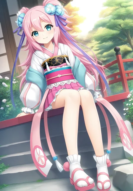 masterpiece,best quality,amazing quality,very aesthetic,absurdres,newest,scenery,<lora:mari_sengoku koihime_ilxl_v1-000010:0.8>,1girl,pink hair,solo,pink skirt,hair ornament,blue eyes,long hair,two side up,socks,smile,sash,flower,looking at viewer,long sleeves,hair flower,pleated skirt,frills,ribbon,white socks,obi,pink footwear,puffy sleeves,hair ribbon,japanese clothes,closed mouth,mari\(sengoku koihime\),pov,