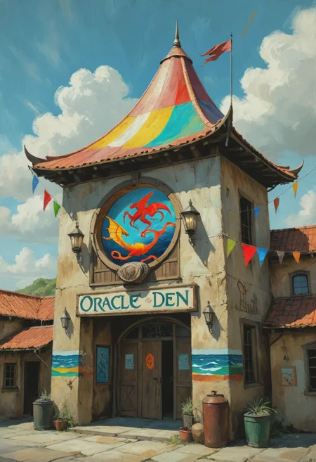 (((The building before you stands out amongst the others, a veritable beacon of curiosity amidst the sea of sameness. Its walls are adorned with vibrant murals depicting scenes of mythical creatures and fantastical landscapes, while its roof is festooned with colorful flags fluttering gently in the wind. A large sign hanging above the entrance reads "The Oracle's Den," and you can't help but feel drawn towards it.))), ((Beautiful painting, brush strokes, digital art, extremely detailed illustration, cinematic, vast, epic, incredible perspective, breathtaking, awe-inspiring))
