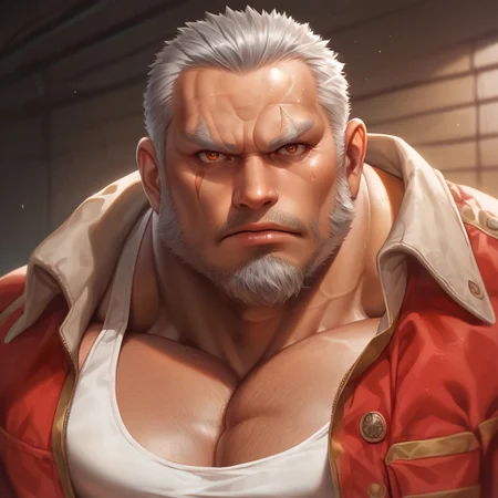 safe_pos, safe_pos, source_anime, detailed background, (score_9, score_8_up, score_7_up), zoroj, masterpiece, best quality, high quality, ultra detailed, highly detailed, high detail, artistic lighting, (highly detailed face, (perfect face, perfect eyes)), depth of field, perfect soft lighting, best shadows, perfect reflections, volumetric, detailed image, high resolution, defined faces, sharp definition,
solo, 1boy, male focus, Amatsumara, old man, mature male, gray hair, short hair, long sideburns, facial hair, goatee, (brown left eye, red right eye), scar, dark skin, white tanktop, red jacket, chest hair, musclebears, muscular male, bara, veiny muscles, large male,
garage, workshop, dynamic poses, various poses, looking at viewer, ((((face shot)))),