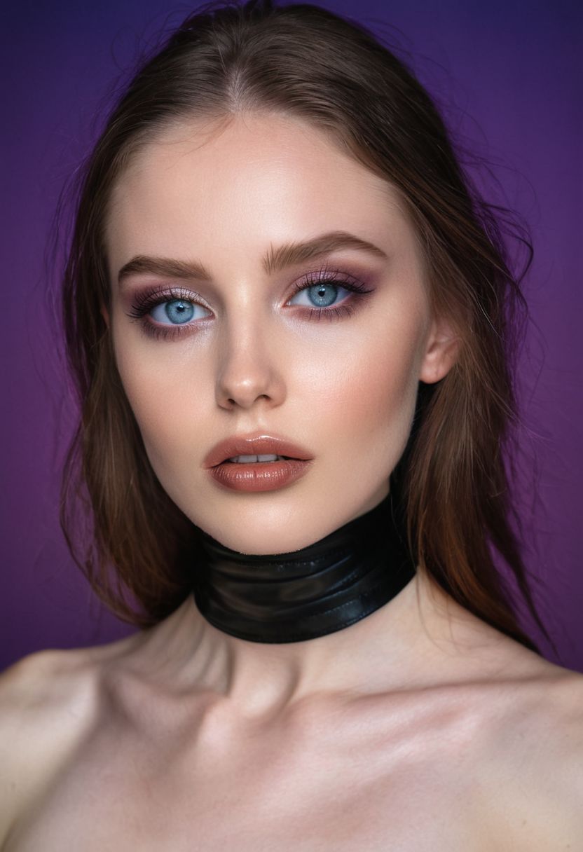 A professional (fashion photo photography:1.2),a  (studio portrait:1.2),showing (surrealistic style:1.1),(black purple gradient background:1.2),(exaggerated character movements:1.5),against glass,(masterpiece, best quality:1.4), perfect body,  long hair, brown hair, brown eyes, parted lips, , detailed skin,model photoshoot, long bob-cut hair, shiny oiled skin, pale skin,  pale white skin, shiny oiled skin, pale skin, realistic eye and face details), hyperrealism, very slim,  bright face, blue eyes, choker, make-up photography by (Ethel Warwick:1.3), modelshoot, pose, , (Ethel Warwick: 1,2) award winning photo macro shot  dramatic lighting,philosophical dimensions,NIKON Z9,35mm,f/1.2,RAW format,stark composition.,(muted tones:1.2),award winning photo,(dream-like quality:1.2),
