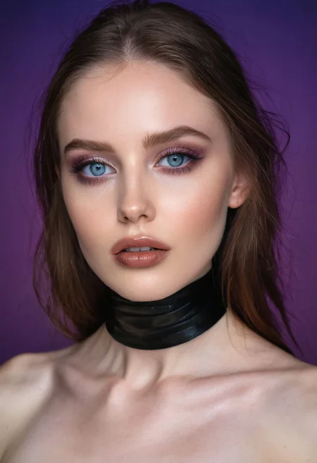 A professional (fashion photo photography:1.2),a (studio portrait:1.2),showing (surrealistic style:1.1),(black purple gradient background:1.2),(exaggerated character movements:1.5),against glass,(masterpiece, best quality:1.4), perfect body, long hair, brown hair, brown eyes, parted lips, , detailed skin,model photoshoot, long bob-cut hair, shiny oiled skin, pale skin, pale white skin, shiny oiled skin, pale skin, realistic eye and face details), hyperrealism, very slim, bright face, blue eyes, choker, make-up photography by (Ethel Warwick:1.3), modelshoot, pose, , (Ethel Warwick: 1,2) award winning photo macro shot dramatic lighting,philosophical dimensions,NIKON Z9,35mm,f/1.2,RAW format,stark composition.,(muted tones:1.2),award winning photo,(dream-like quality:1.2),