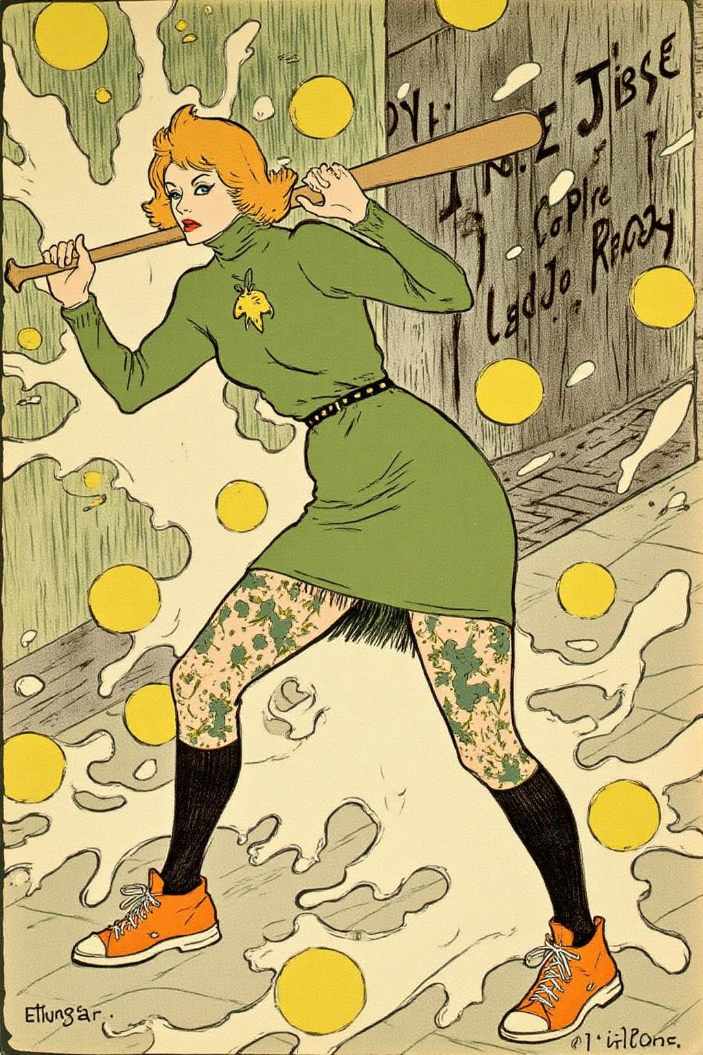 lautrec1 illustration rendered in a stylized, Art Nouveau style typical of the era, with a pastel color palette dominated by shades of green, yellow, and brown.
liquid splash, cartoonish juicy fruits chaos, dynamic pose, dynamic camera, a fashion shoot, an illustration of a woman threateningly holding a baseball bat in her hands, full body tattoo, wearing green short sweater, miniskirt, knee socks, orange sneakers, aggressive facial expression, wall with graffiti in the background. <lora:lautrec1_cap_d6a3e11:1.0><lora:810954611054660236:0>
