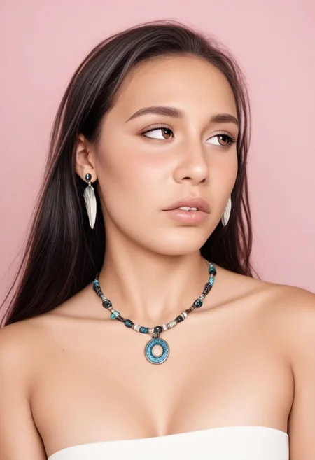 score_9, score_8_up, score_7_up, ultra quality, masterpiece, realistic, 1girl, solo, half body portrait,masterpiece,beautiful young native american,cute face,black hair,blush,half-closed eyes,sweat,brown eyes,poutting mouth,thic lips,thic eyebrows,looking away,head tilt,pink background,simple background,<lora:RELSM_v1:0.5>,<lora:d3t41l3dXLP:0.5>,d3t41l3d,tribal necklace,tribal earrings,, OverallDetail