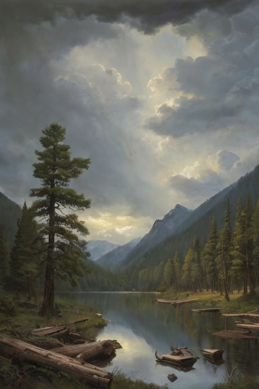 Masterpiece, high-resolution, oil painting, tall mountains, pine forest, log cabin, lake, large thunderstorm clouds in the distance