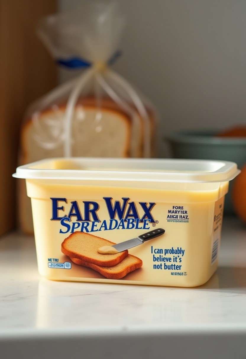 A rectangular plastic margarine tub labeled 'EAR WAX - SPREADABLE,' in fancy lettering, sitting on a kitchen counter. The tub features an image of a knife spreading brownish margarine on bread. At the bottom right of the tub, blue text reads 'I can probably believe it's not butter.'  In the background, a bag of sliced bread is casually placed. . 4K, highly detailed