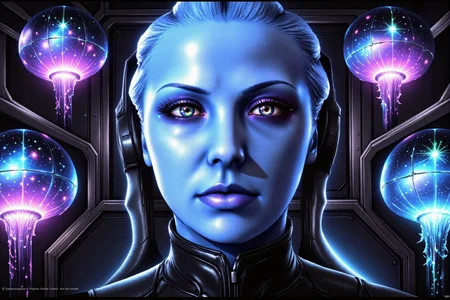 bmstyle, anime, bo-bioluminescent, Quiet
The blue female Asari is at the center of the image, her expressive face and animated body language capturing your attention. She is surrounded by sleek lines, metallic textures, and glowing accents that convey a sense of advanced technology and futurism. The color palette is a vibrant, electric blue gradient (#03A9F4) for the sky, accented with deep blues and silvers for the Asari's cybernetic enhancements. She holds a sign next to her that reads "RAMTHRUST DEMIGOD LATENT UPSCALER: FLUX EDITION!" The lighting is bright and energetic, using pointillism and waveform techniques to create an immersive glow effect that catches balloons drifting through the air in mid-flight. The bioluminescent scenery in the background should be rendered in soft, ethereal hues, contrasting with the stark, metallic colors of the Asari's cybernetic eyes.
