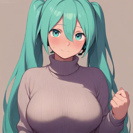 (SUP3RG3TTh1:1.2), masterpiece, highres, high quality, 1woman, hatsune miku, fully clothed, blushing, embarrassed, smile,