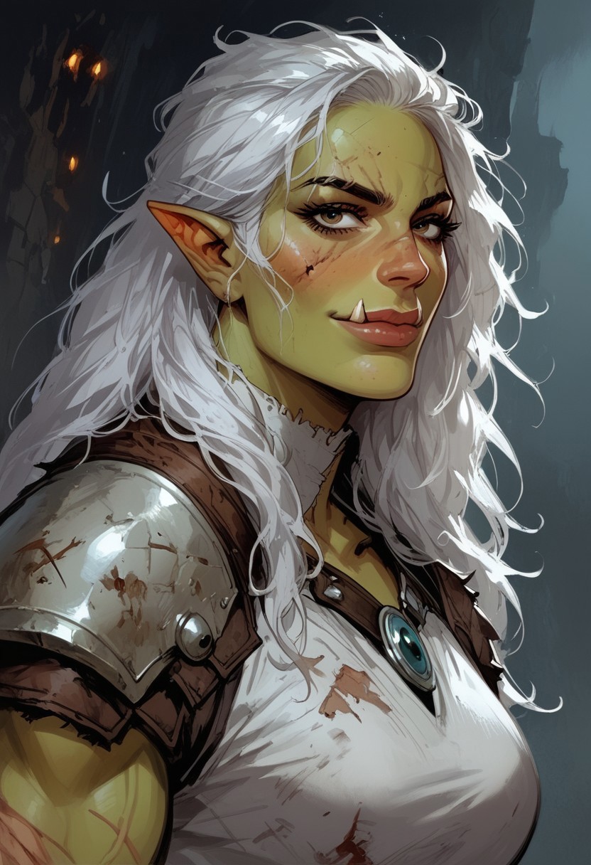 score_9, score_8_up, score_7_up, BREAK, 1woman portrait, dramatic lights ((Orc, barbarian, scars, white hair, long hair, messy hair, messy, ragged, muscular, athletic,  happy, leather armor, white armor, white leather))
<lora:Fant5yP0ny:0.6> <lora:fantasy_world_pony:0.9>
<lora:Cherry-Gig:0.55>