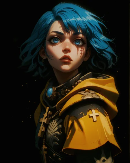 <lora:RFStyle:1.2>, <lora:luce-PD-1.0:0.6>, <lora:edgAdeptaSororitasPonyv1:0.8>, score_9_up, (score_8_up, score_7_up:1.2), score_6_up, solo, (high quality, hires, very detailed), (GLSHS), perfect proportions, (from side:0.9), portrait of 1girl, blue hair, dark blue eyes, short hair, cross on the neck, (brave:1.2), zzzz, (confident expression with slightly parted lips and a relaxed posture:1.2), BREAK wearing (black color:1.1) power armor with (yellow raincoat:1.1), ((hood up:1.4)), shoulder armor, BREAK (simple black background), (strong wind current:1.2), (flat color, dark theme), (side lighting, light particles:1.2), (reflections:1.4), (gorgeous light and shadows, detailed half-body shadows, partially illuminated, halftone effect:1.2), embedding:zPDXL3, <lora:hand 4:0.3>, <lora:add-detail-xl:2>, zPDXL3, perfect hands, edgAdepta, luce, Rotten Forest,