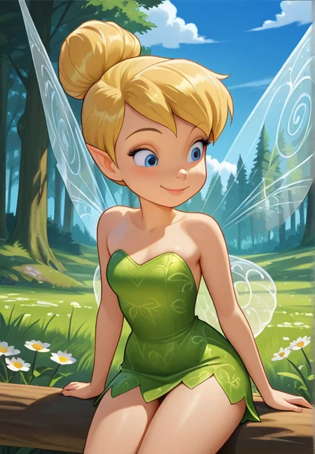 masterpiece, best quality, amazing quality, very aesthetic, absurdres, newest, detailed background, cowboy shot, outdoors, dynamic angle, forest, sky, clouds, flower
tinkerbellxd, 1girl, fairy, solo, pointy ears, blonde hair, hair bun, wings, blue eyes, fairy wings, sitting, dress, bare shoulders, strapless dress, minigirl, strapless, single hair bun, smile, short dress
<lora:Tinkerbell_-_Disney_Illustrious:1>