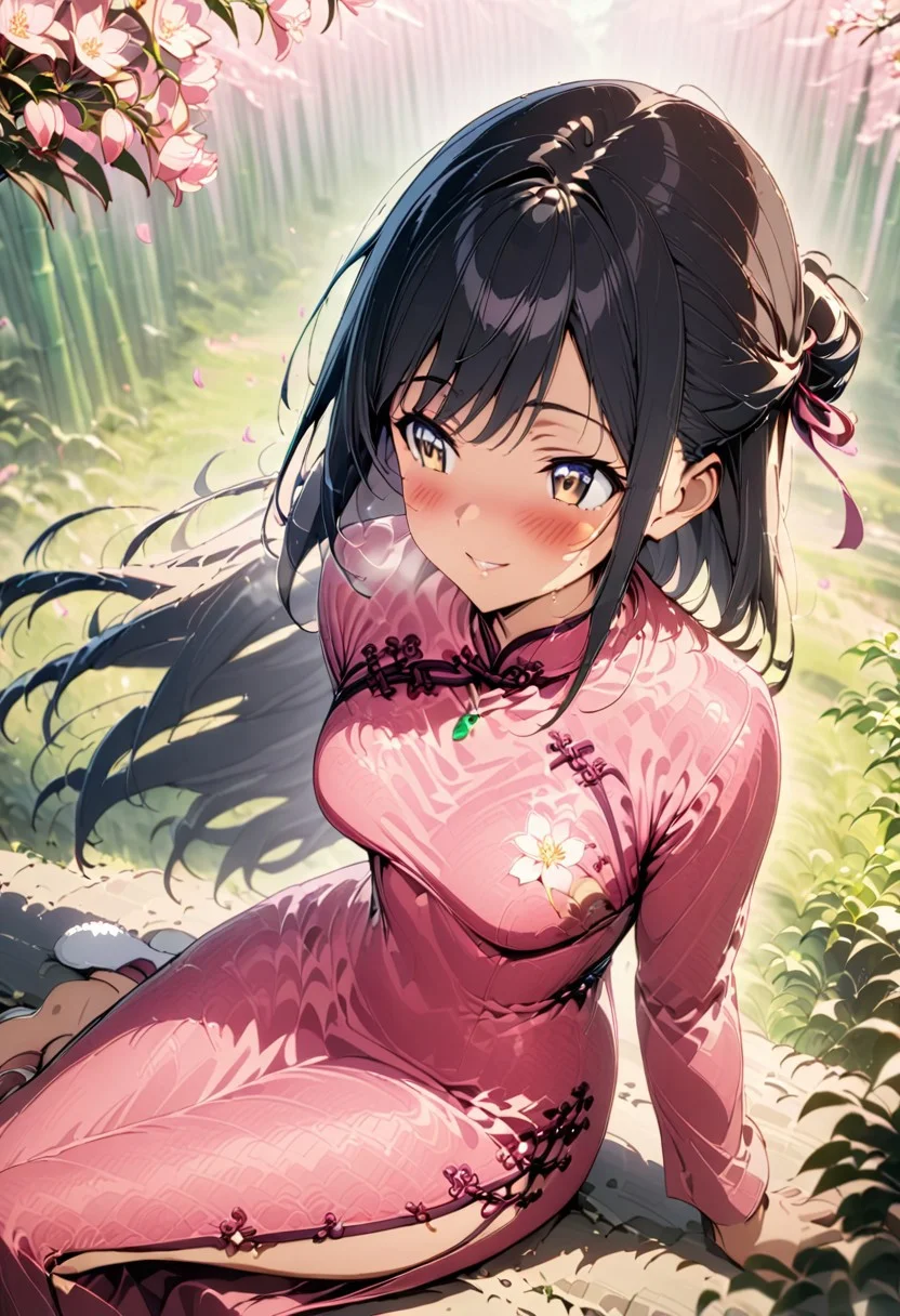 gorgeous lips, cinematic, (masterpiece), (best quality), (ultra-detailed), very aesthetic, illustration, perfect composition, intricate details, absurdres, detailed face, (anime, masterpiece, intricate:1.3), (best quality, hires textures, high detail:1.2)side angle, from the side, outdoors
BREAK, a anime girl with very long black hair, straight hair styled in a half up do, Chinese bamboo forest, 1girl, solo, side swept bangs, medium breasts, long hair, black hair, pink long flowing silk cheongsam, long sleeves, white slippers, necklace, hair ribbon, white hair ribbon, smiling, hair blowing in the wind, cheongsam blowing in the wind, blush, full shot, collarbone, plants, brown eyes, perfect eyes, beautiful cherry blossom trees in the background, morning time, cherry blossom season, chilly weather, breath fog, cherry blossom petals in the wind, windy weather, dolly shot,
BREAK, Holding a pink lilly flower, smelling the flower, happy mood, sitting on a rock surrounded by pink lillies, pink flowers cover the ground, soft lighting