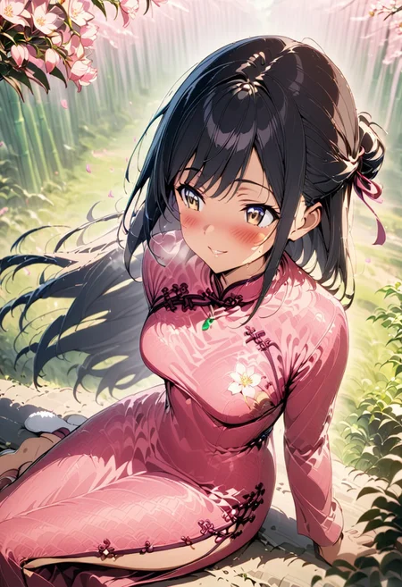 gorgeous lips, cinematic, (masterpiece), (best quality), (ultra-detailed), very aesthetic, illustration, perfect composition, intricate details, absurdres, detailed face, (anime, masterpiece, intricate:1.3), (best quality, hires textures, high detail:1.2)side angle, from the side, outdoors
BREAK, a anime girl with very long black hair, straight hair styled in a half up do, Chinese bamboo forest, 1girl, solo, side swept bangs, medium breasts, long hair, black hair, pink long flowing silk cheongsam, long sleeves, white slippers, necklace, hair ribbon, white hair ribbon, smiling, hair blowing in the wind, cheongsam blowing in the wind, blush, full shot, collarbone, plants, brown eyes, perfect eyes, beautiful cherry blossom trees in the background, morning time, cherry blossom season, chilly weather, breath fog, cherry blossom petals in the wind, windy weather, dolly shot,
BREAK, Holding a pink lilly flower, smelling the flower, happy mood, sitting on a rock surrounded by pink lillies, pink flowers cover the ground, soft lighting