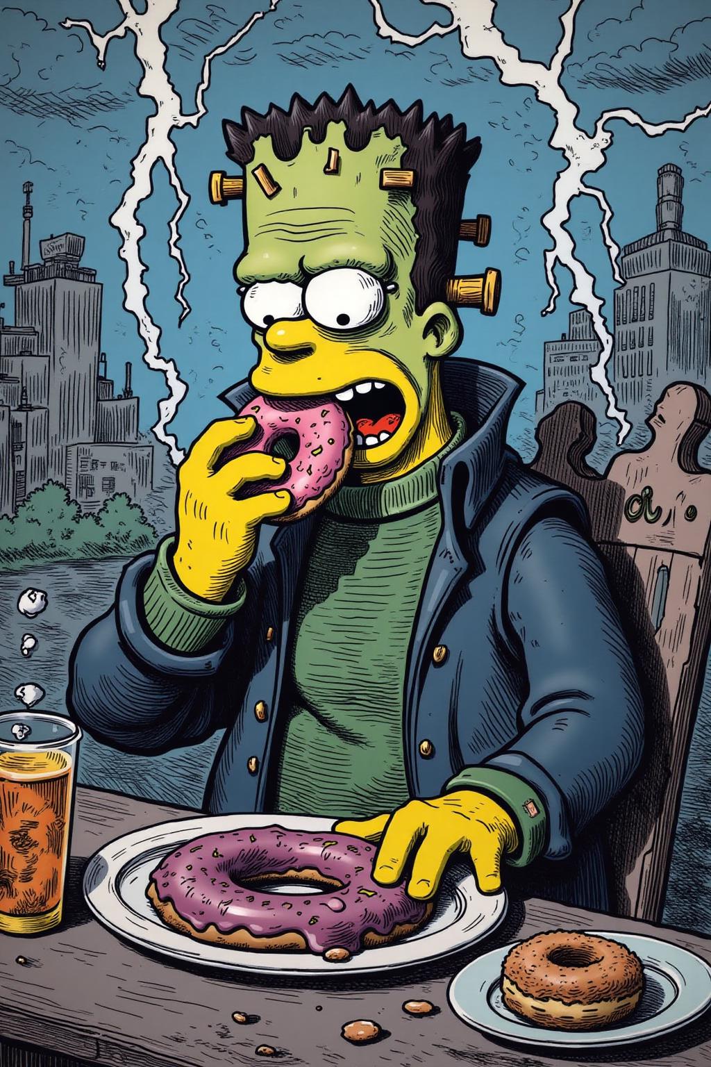 gusdore1 illustration. 
Homer Simpson dressed as Frankenstein, eating a doughnut during a thunderstorm  <lora:gusdore1_flor2_d4a2:1.0><lora:799520016543414062:0>