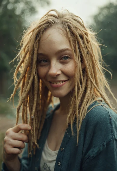 portret photo of 1girl, blonde, dreadlocks, smile, .score_9, score_8_up, score_7_up,score_6_up, rating_safe