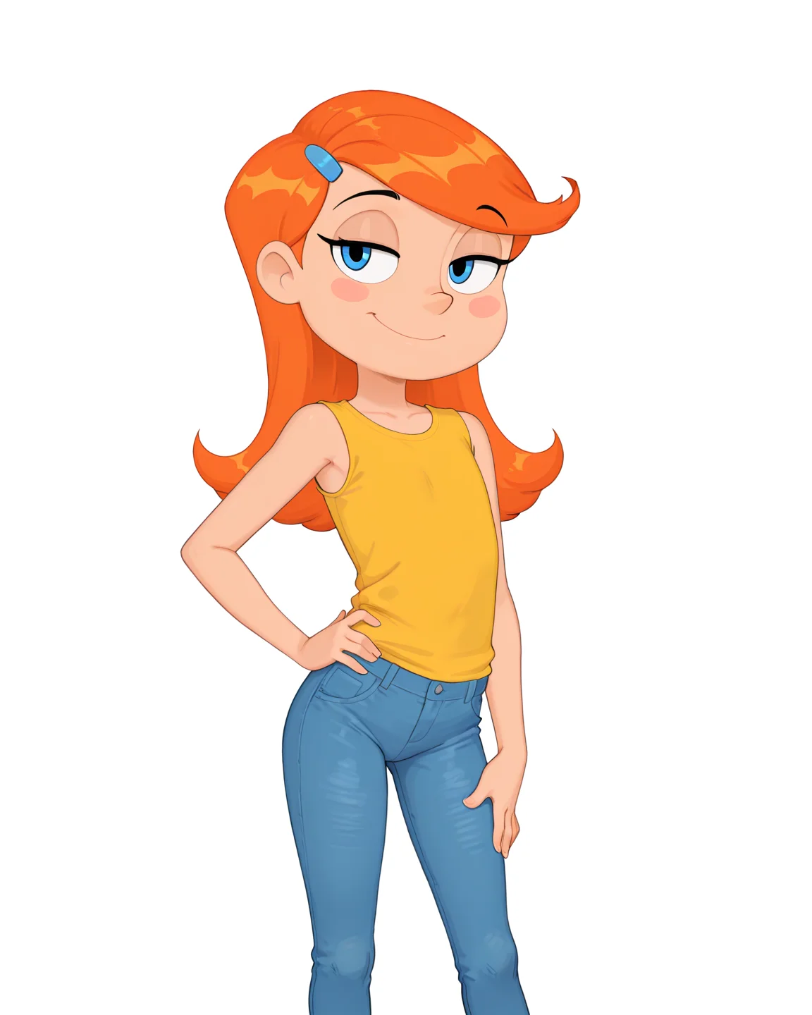 score_9, score_8_up, score_7_up, masterpiece, best quality, newest, absurdres, highres, amazing quality, colorful,
masterpiece, best quality, absurdres, newest, very aesthetic, amazing quality,highres,sensitive, absurdres, high resolution, ultra detailed, perfect details,
source_cartoon, toon (style), (cartoon:1.0), source_carton:1.1, rating:suggestive, dynamic sexy pose, seductive, sultry,
detailed,detailed eyes,perfect eyes,detailed,detailed hands,perfect hands,detailed,detailed legs,perfect hands, 1girl, solo,
<lora:Hoshime_Style_r2:0.6> , Hoshime_Style, petite,
<lora:Riley_Daring:0.8> , Riley_Daring, blue pants, swept bangs, smile, yellow shirt, hair ornament, orange hair, hand on own hip, blush stickers, blue eyes, hairclip, simple background, long hair, closed mouth, standing, flat chest, sleeveless shirt, jeans, transparent background, white background, denim,