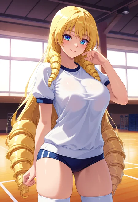 masterpiece, best quality, amazing quality, absurdres, 1girl, solo, cowboy shot, himenoww, blue eyes, blonde hair, long hair, very long hair, drill hair, large breasts, gym uniform, gym shirt, untucked shirt, blue buruma, white socks, looking at viewer, smile, indoors, day, skindentation, detailed clothing folds, depth of field, sharp, high contrast, dynamic light <lora:Ryuuguuji_Himeno_Gakuen_Saimin_Reido_ill:0.8>
