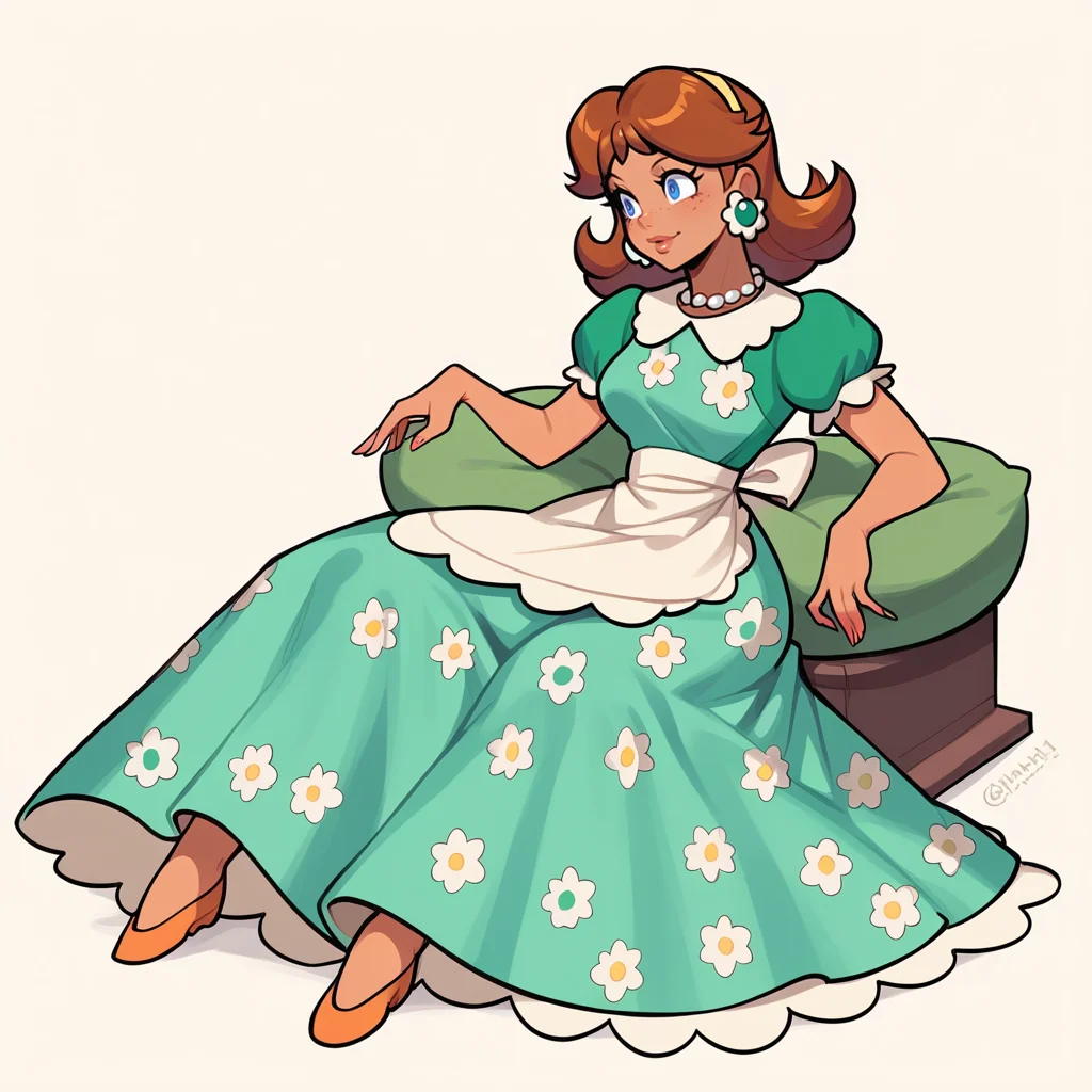 score_9, score_8_up, score_7_up, score_6_up, score_5_up, score_4_up, zPDXL2,source_anime,rating_questionable, 1girl, solo,lounging, full body shot, princess daisy, tanned skin, freckles, <lora:1950s_Housewife_Outfit:0.8> 50sHous3Wif3, floral dress, apron, pearl necklace, earrings,