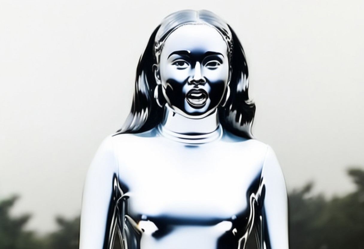 chrome statue of power ranger Aisha, straight chrome hair, chrome hairband, fringe, alone, helmetless, chrome catsuit, chrome turtleneck collar, chrome gloves belt, worried facial expression, gasping, entirely made of chrome, command centre, hyperdetailed photography